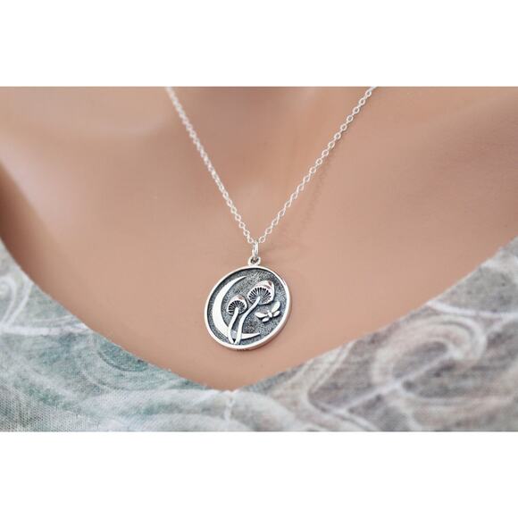 Sterling Silver Etched Mushroom and Moon Pendant Necklace - Picture 4 of 6